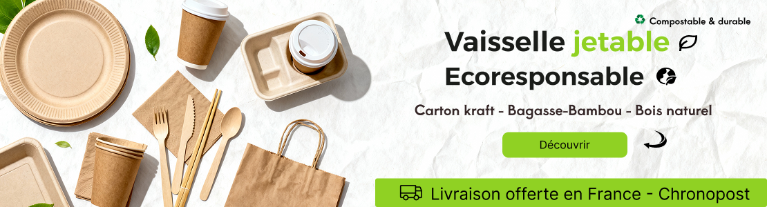 Vaisselle jetable écoresponsable. Carton kraft - Bagasse-Bambou - Bois naturel.